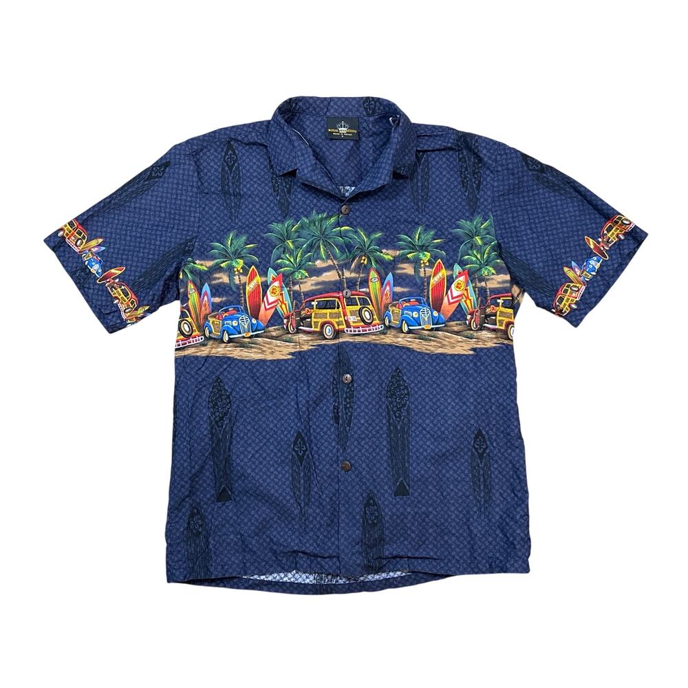 Royal Creations Hawaiian Blue purple Surfboards Vintage Car Shirt Cotton Large